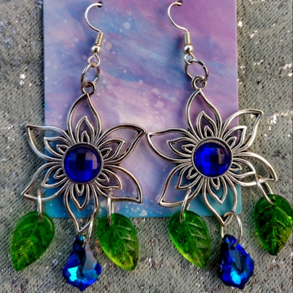 Flower glass leaf earrings dangles silver
